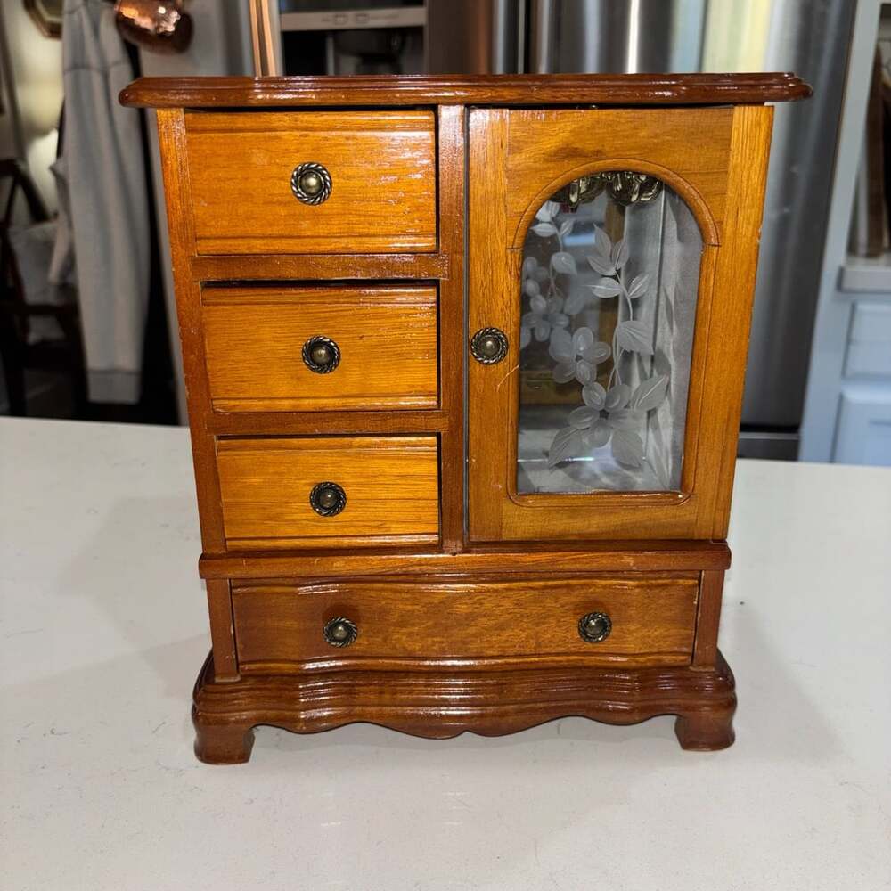 Vintage Wooden Jewelry Box Armoire Etched Glass Door Drawers